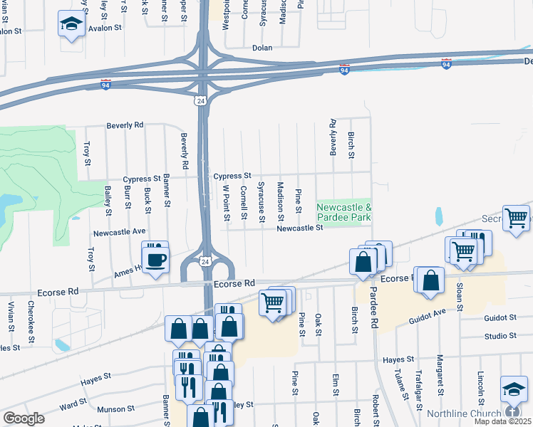 map of restaurants, bars, coffee shops, grocery stores, and more near 6749 Syracuse Street in Taylor