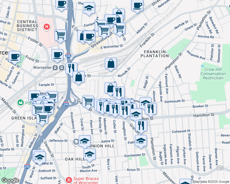 map of restaurants, bars, coffee shops, grocery stores, and more near 43 Suffolk Street in Worcester