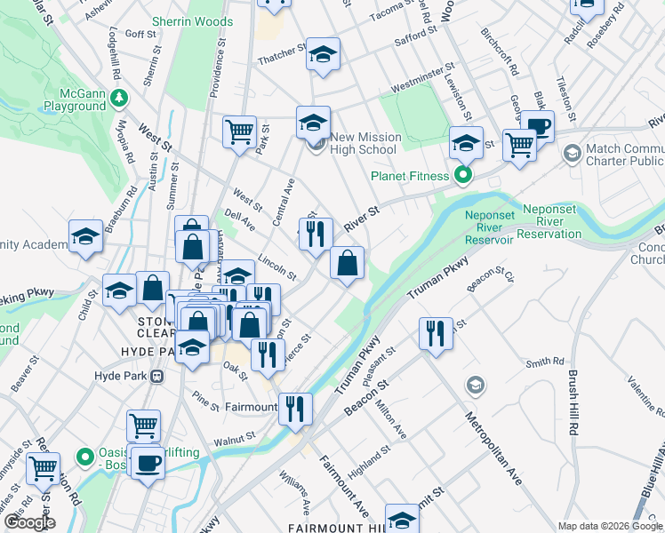 map of restaurants, bars, coffee shops, grocery stores, and more near 100 Pierce Street in Boston