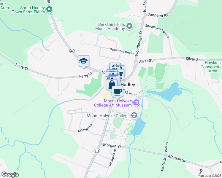 map of restaurants, bars, coffee shops, grocery stores, and more near 40 College Street in South Hadley