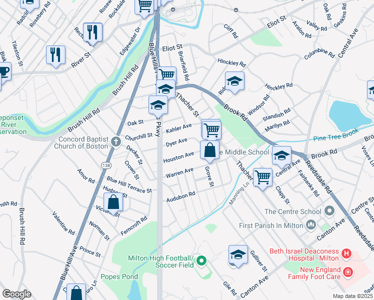 map of restaurants, bars, coffee shops, grocery stores, and more near 51 Houston Avenue in Milton