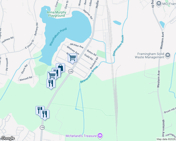 map of restaurants, bars, coffee shops, grocery stores, and more near 22 Brackett Road in Ashland