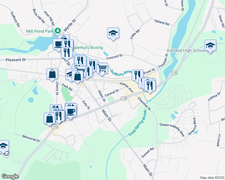 map of restaurants, bars, coffee shops, grocery stores, and more near 75 Central Street in Ashland