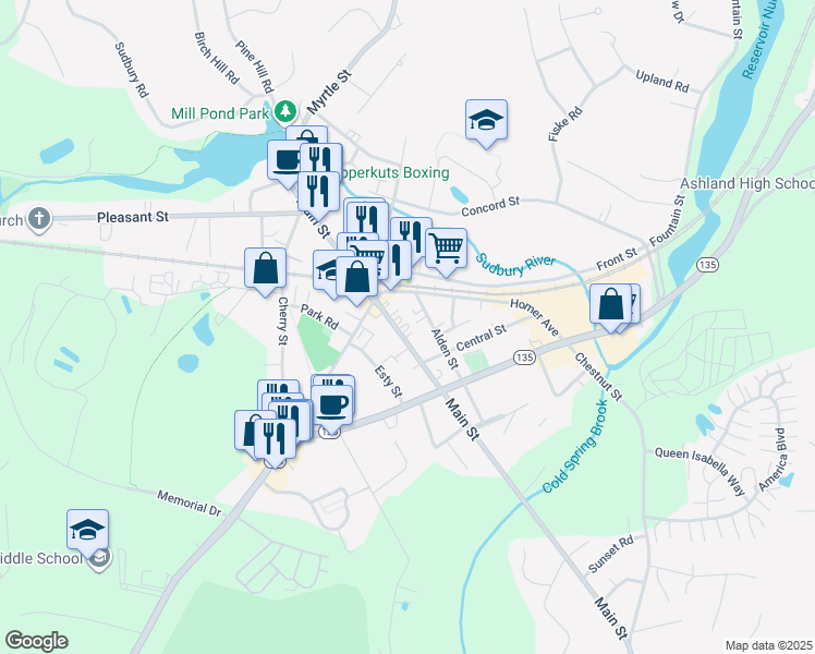 map of restaurants, bars, coffee shops, grocery stores, and more near 275 Main Street in Ashland
