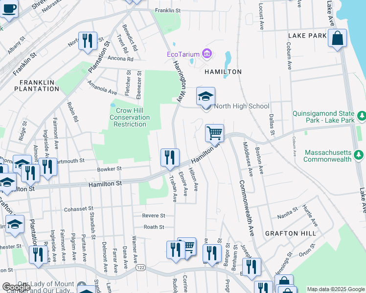 map of restaurants, bars, coffee shops, grocery stores, and more near 6 Harrington Way in Worcester
