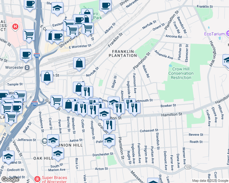 map of restaurants, bars, coffee shops, grocery stores, and more near 102 Plantation Street in Worcester