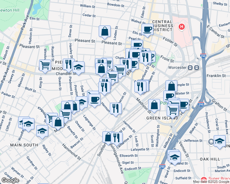 map of restaurants, bars, coffee shops, grocery stores, and more near 7 Sycamore Street in Worcester