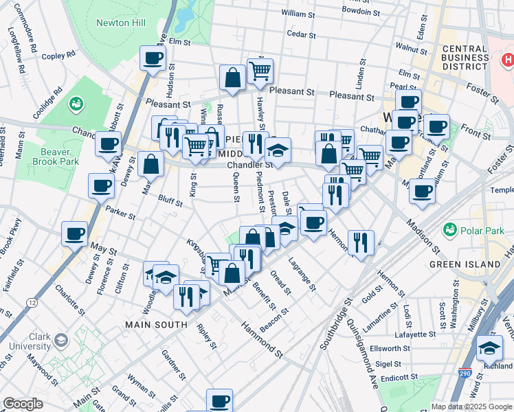 map of restaurants, bars, coffee shops, grocery stores, and more near 4 Davis Street in Worcester