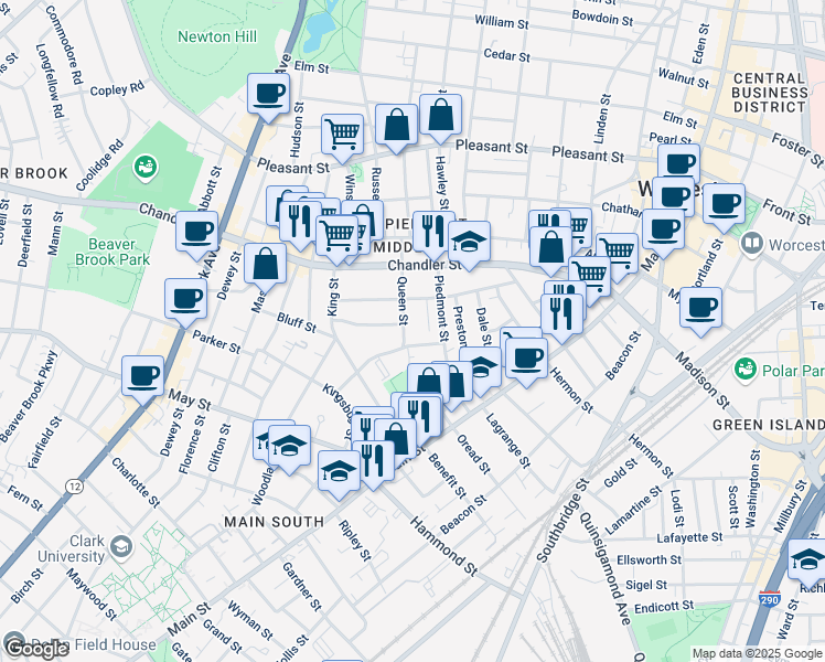 map of restaurants, bars, coffee shops, grocery stores, and more near 4 Davis Street in Worcester