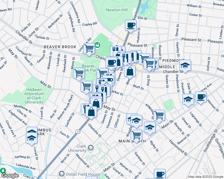 map of restaurants, bars, coffee shops, grocery stores, and more near 128 Dewey Street in Worcester