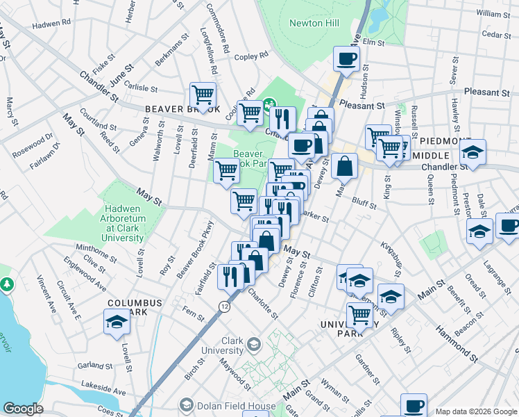 map of restaurants, bars, coffee shops, grocery stores, and more near 123 Mayfield Street in Worcester