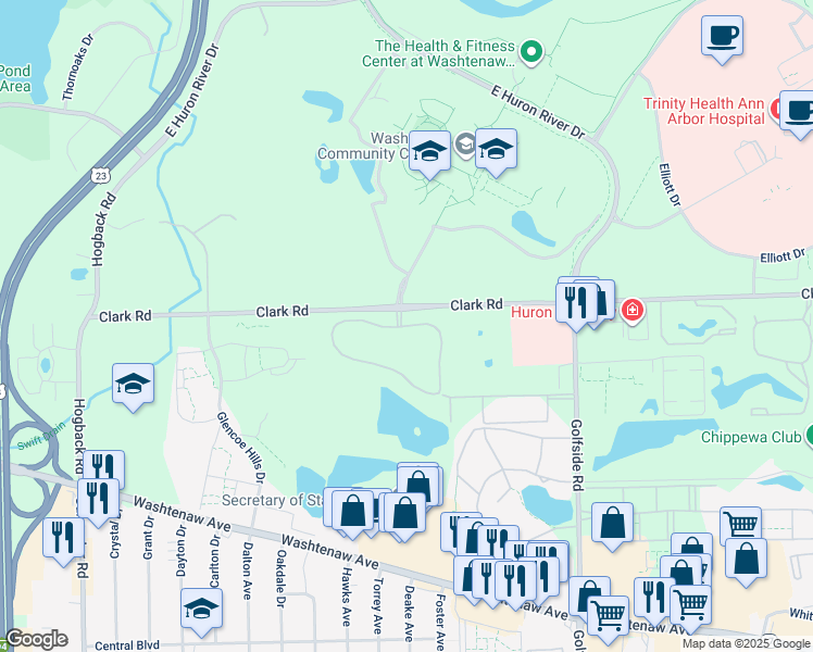 map of restaurants, bars, coffee shops, grocery stores, and more near 2127 Arbor Circle West in Ypsilanti