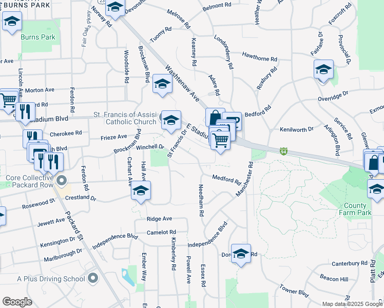 map of restaurants, bars, coffee shops, grocery stores, and more near in Ann Arbor