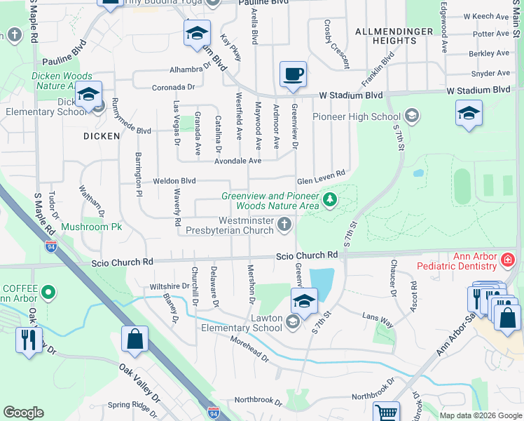 map of restaurants, bars, coffee shops, grocery stores, and more near 1526 Hanover Court in Ann Arbor