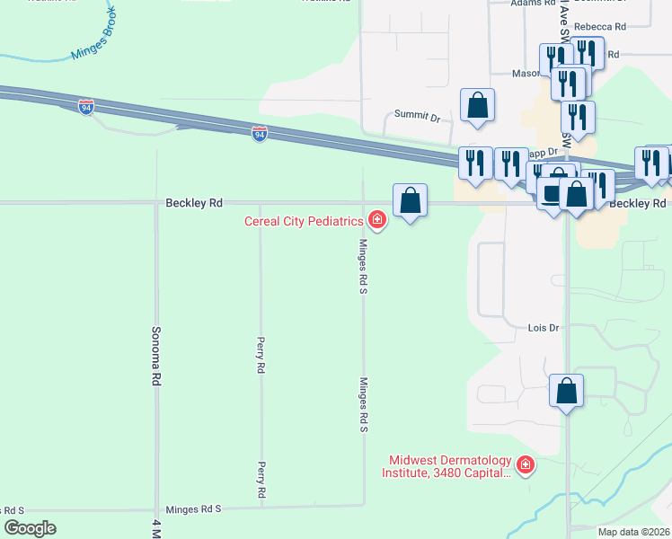 map of restaurants, bars, coffee shops, grocery stores, and more near 12837 Minges Road South in Battle Creek