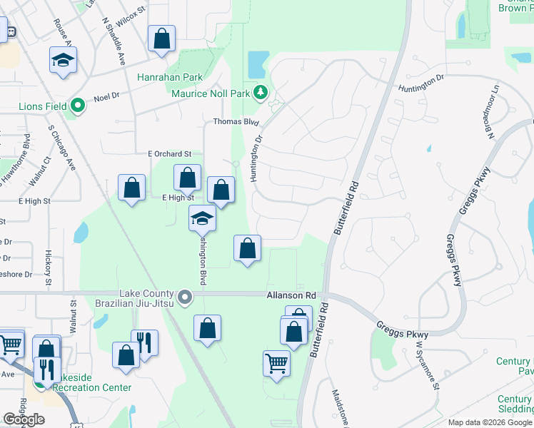 map of restaurants, bars, coffee shops, grocery stores, and more near 1245 Ballantrae Place in Mundelein