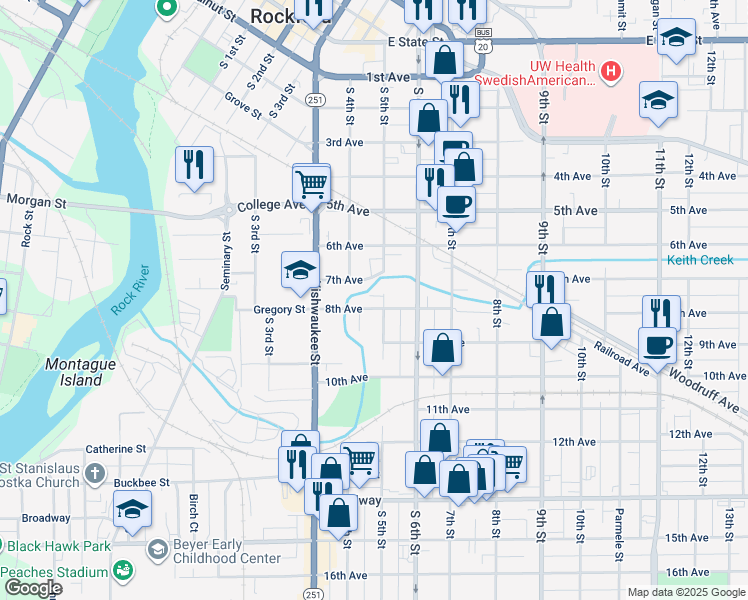 map of restaurants, bars, coffee shops, grocery stores, and more near 912 South 5th Street in Rockford