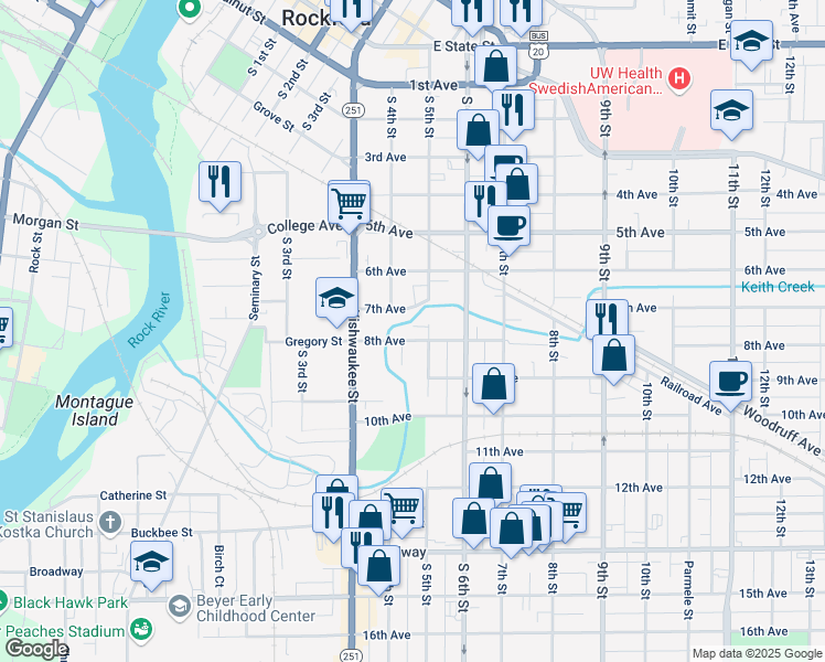 map of restaurants, bars, coffee shops, grocery stores, and more near 911 8th Avenue Court in Rockford