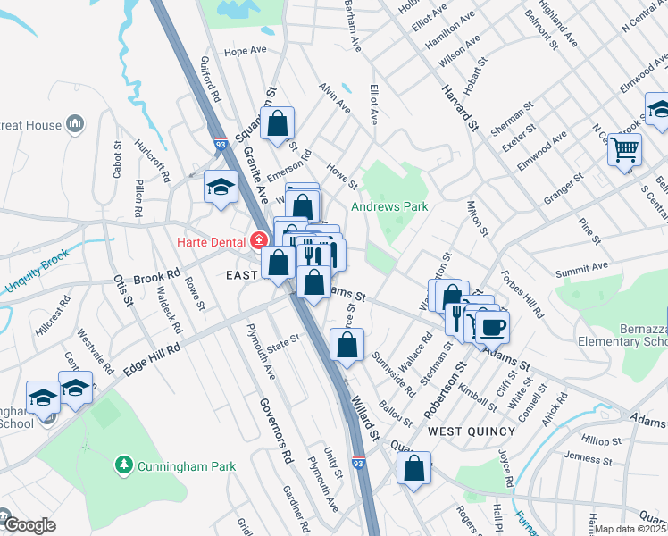 map of restaurants, bars, coffee shops, grocery stores, and more near 20 Church Street in Milton