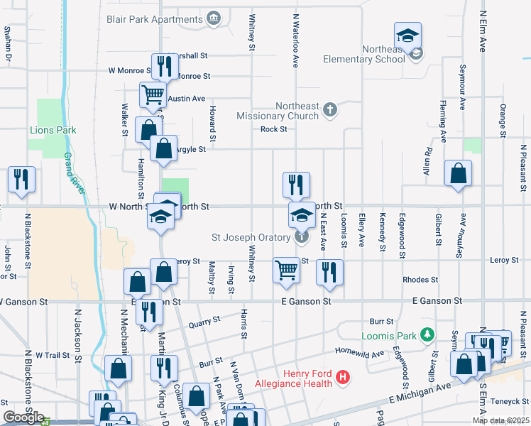 map of restaurants, bars, coffee shops, grocery stores, and more near 726 North State Street in Jackson
