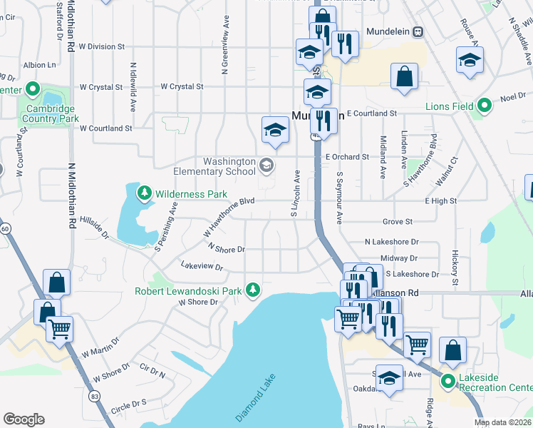 map of restaurants, bars, coffee shops, grocery stores, and more near 322 Southeast Garfield Avenue in Mundelein