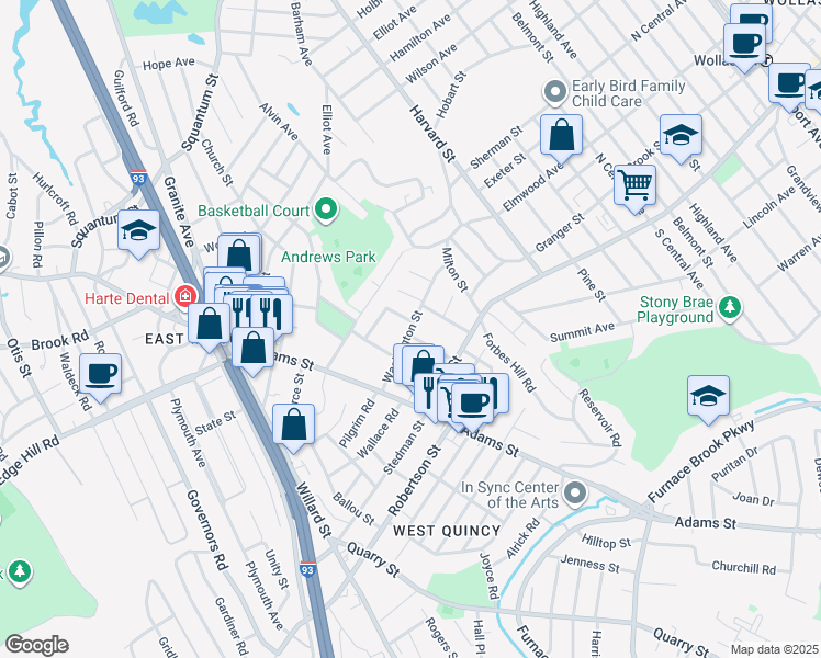 map of restaurants, bars, coffee shops, grocery stores, and more near Washington Street in Milton