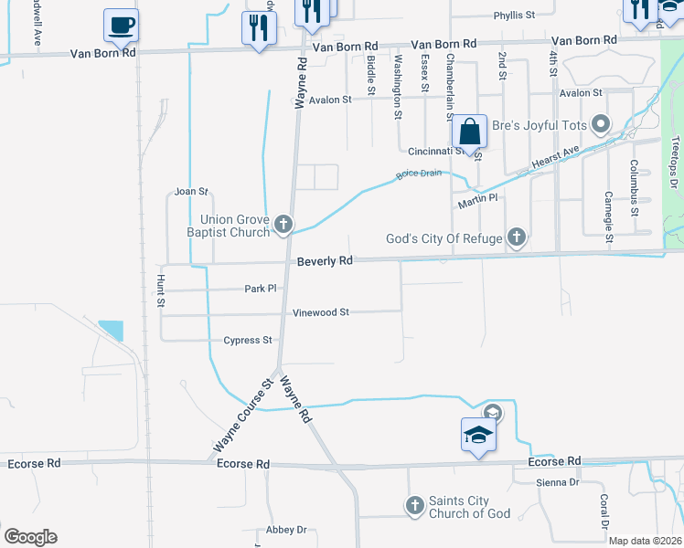 map of restaurants, bars, coffee shops, grocery stores, and more near 35374 Vinewood Street in Romulus