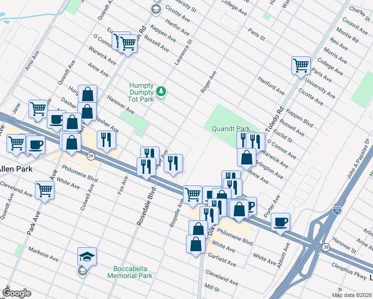 map of restaurants, bars, coffee shops, grocery stores, and more near 14609 Anne Avenue in Allen Park