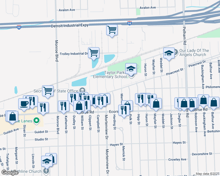 map of restaurants, bars, coffee shops, grocery stores, and more near 21042 Pinecrest Street in Taylor