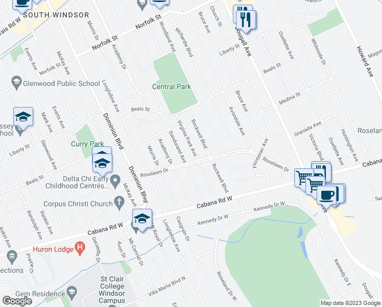 map of restaurants, bars, coffee shops, grocery stores, and more near 3595 Virginia Park Avenue in Windsor