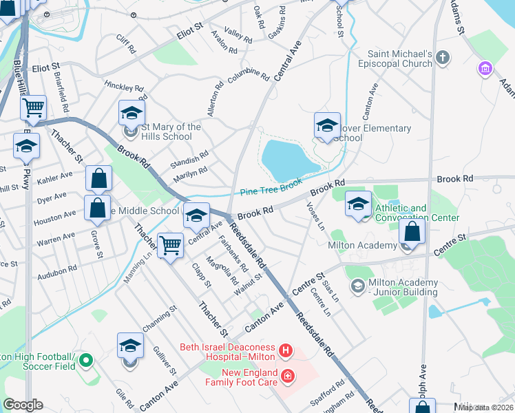 map of restaurants, bars, coffee shops, grocery stores, and more near 500 Brook Road in Milton