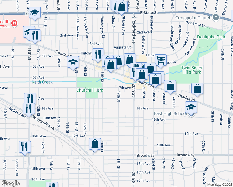 map of restaurants, bars, coffee shops, grocery stores, and more near 2308 7th Avenue in Rockford