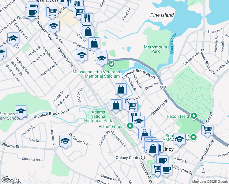 map of restaurants, bars, coffee shops, grocery stores, and more near 8 Gilmore Street in Quincy