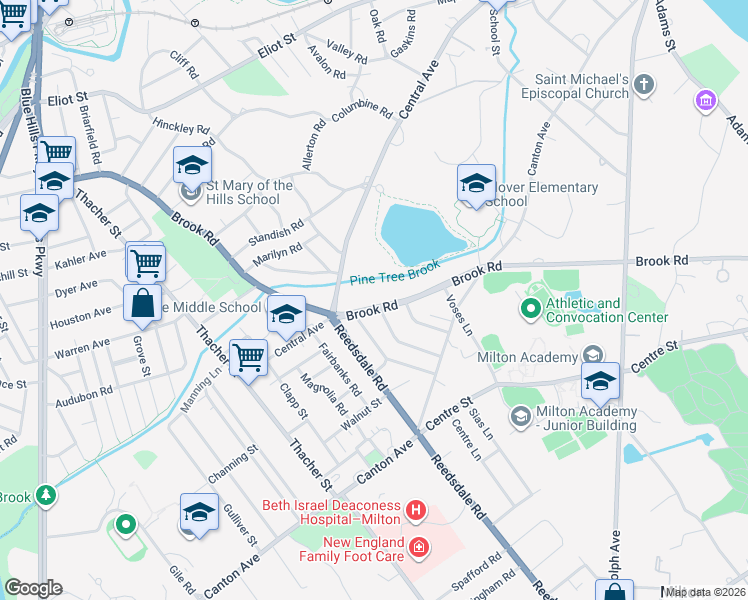 map of restaurants, bars, coffee shops, grocery stores, and more near 500 Brook Road in Milton