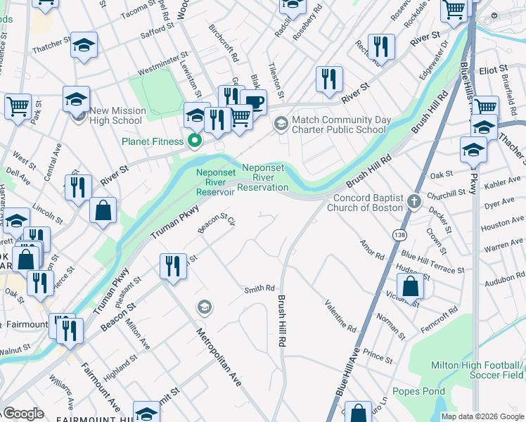 map of restaurants, bars, coffee shops, grocery stores, and more near 304 Truman Parkway in Milton