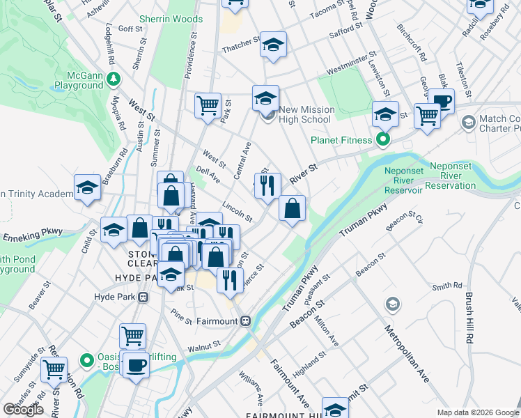 map of restaurants, bars, coffee shops, grocery stores, and more near 1049 River Street in Boston