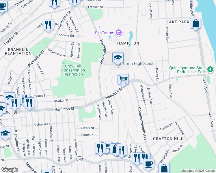 map of restaurants, bars, coffee shops, grocery stores, and more near 50 Eastham Street in Worcester