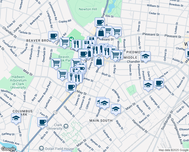 map of restaurants, bars, coffee shops, grocery stores, and more near 33 Winfield Street in Worcester