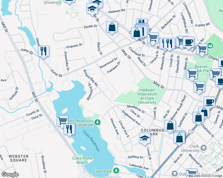 map of restaurants, bars, coffee shops, grocery stores, and more near 31 Knowles Road in Worcester