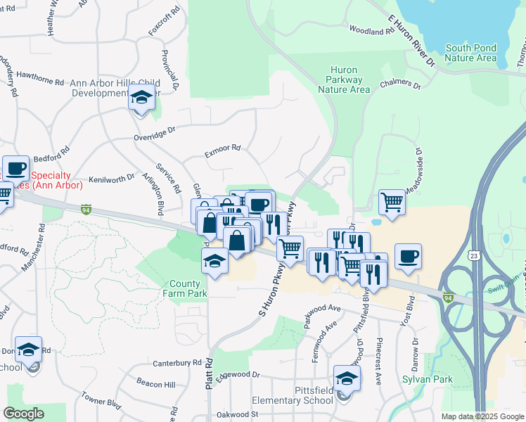 map of restaurants, bars, coffee shops, grocery stores, and more near 3161 Asher Road in Ann Arbor