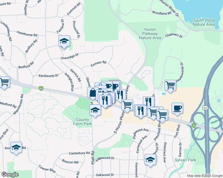 map of restaurants, bars, coffee shops, grocery stores, and more near 3161 Asher Road in Ann Arbor