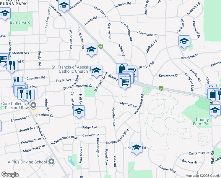 map of restaurants, bars, coffee shops, grocery stores, and more near 2340 East Stadium Boulevard in Ann Arbor
