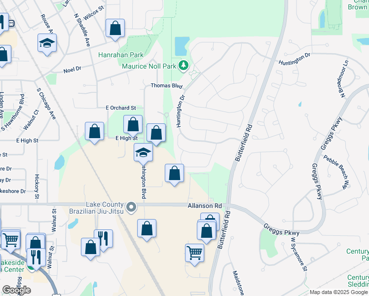 map of restaurants, bars, coffee shops, grocery stores, and more near 1247 Huntington Drive in Mundelein