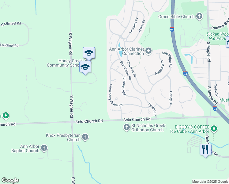 map of restaurants, bars, coffee shops, grocery stores, and more near 1719 Butterweed Court in Ann Arbor