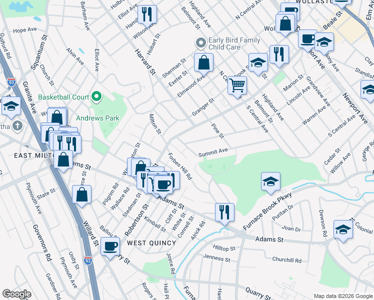 map of restaurants, bars, coffee shops, grocery stores, and more near 133 Hillside Avenue in Quincy
