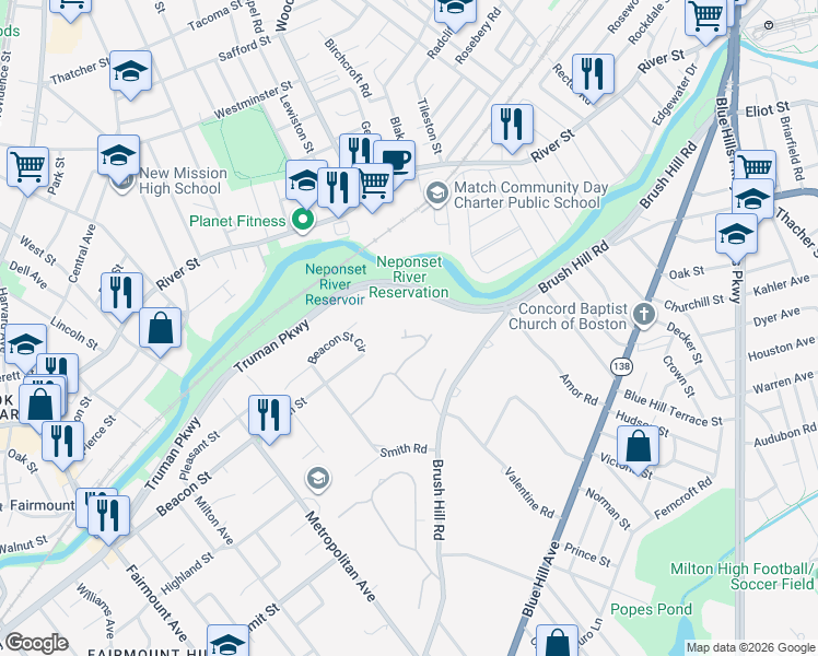 map of restaurants, bars, coffee shops, grocery stores, and more near 304 Truman Parkway in Milton