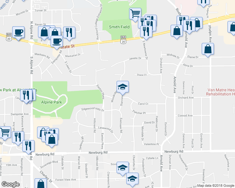 map of restaurants, bars, coffee shops, grocery stores, and more near 912 Woodridge Drive in Rockford