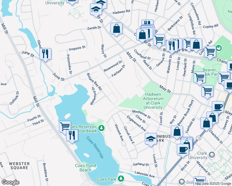 map of restaurants, bars, coffee shops, grocery stores, and more near 31 Knowles Road in Worcester