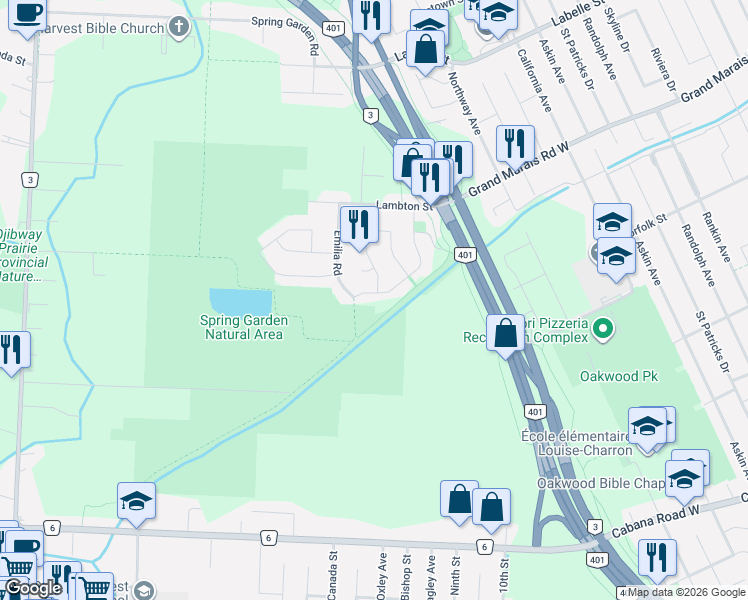 map of restaurants, bars, coffee shops, grocery stores, and more near 3154 Fazio Drive in Windsor