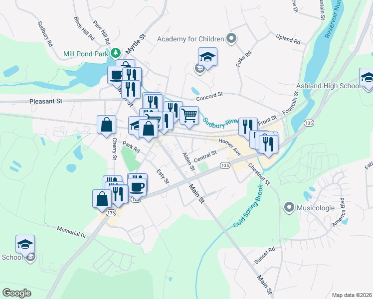 map of restaurants, bars, coffee shops, grocery stores, and more near 83-85 Homer Avenue in Ashland